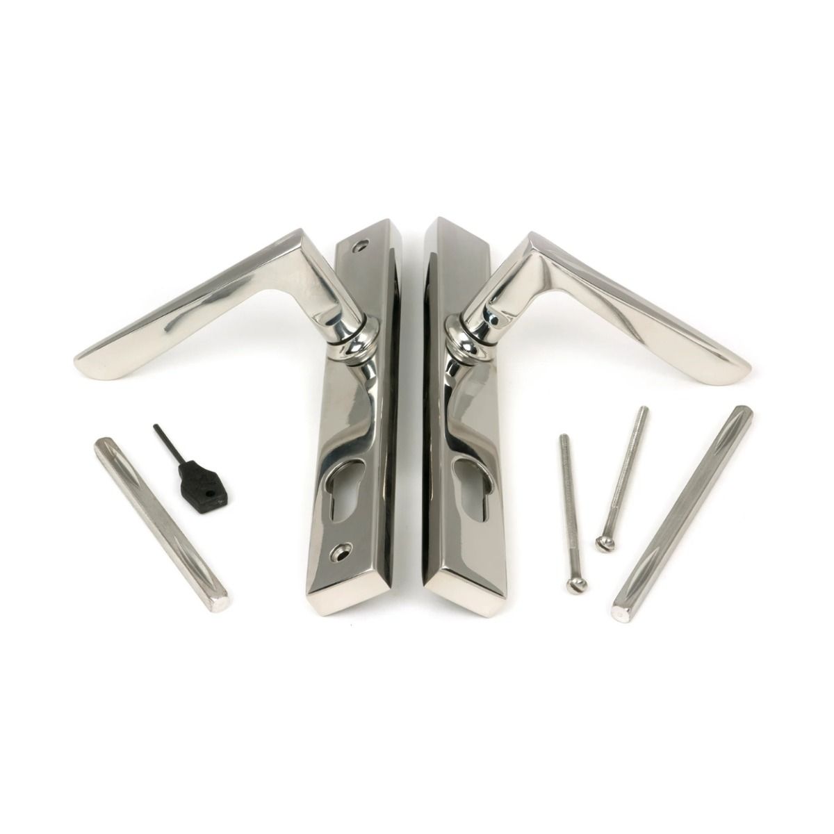 The Polished Stainless Steel Espag Lever Door Handle (92mm Centres) Showing All the Fittings