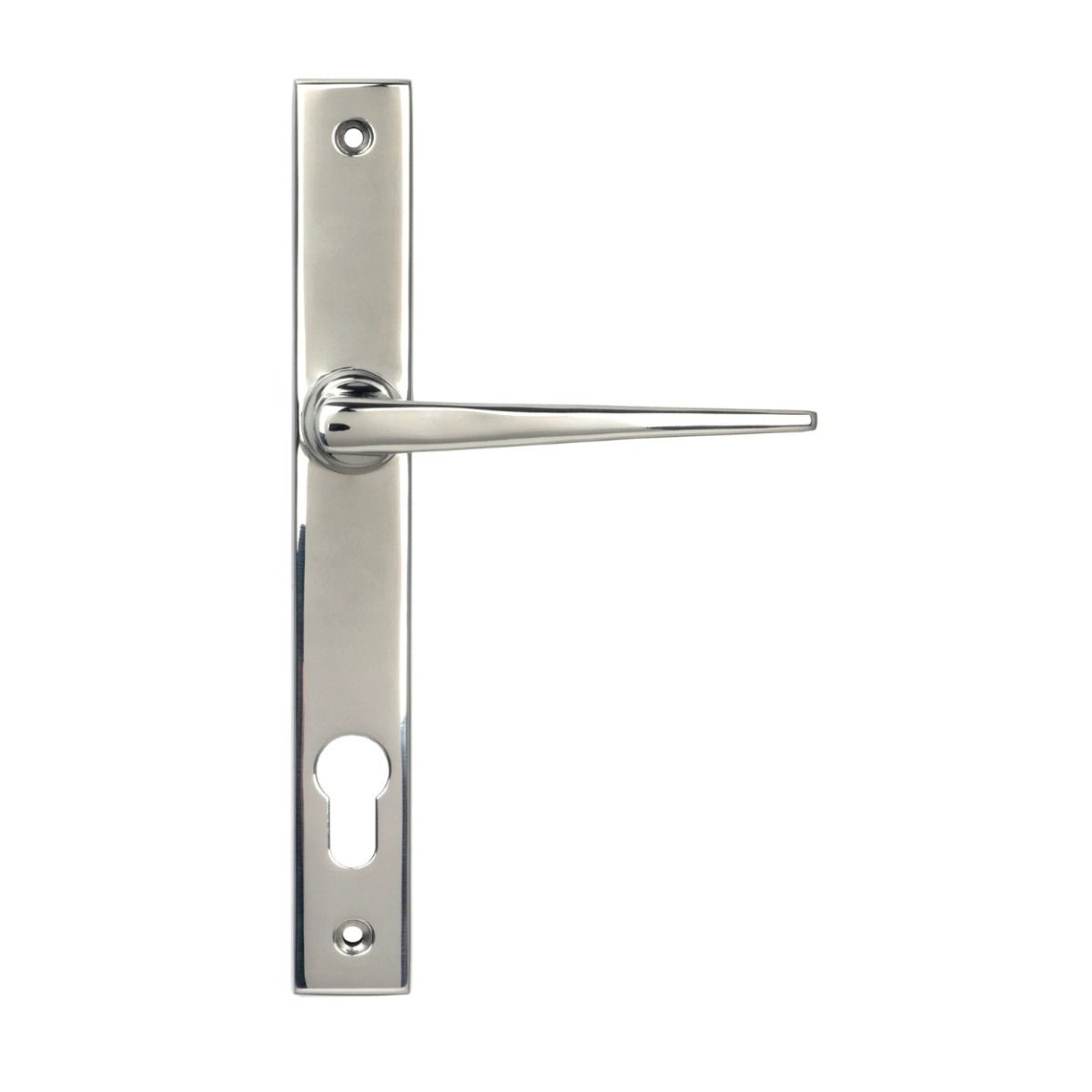 The Polished Stainless Steel Espag Lever Door Handle (92mm Centres) Shown from the Front