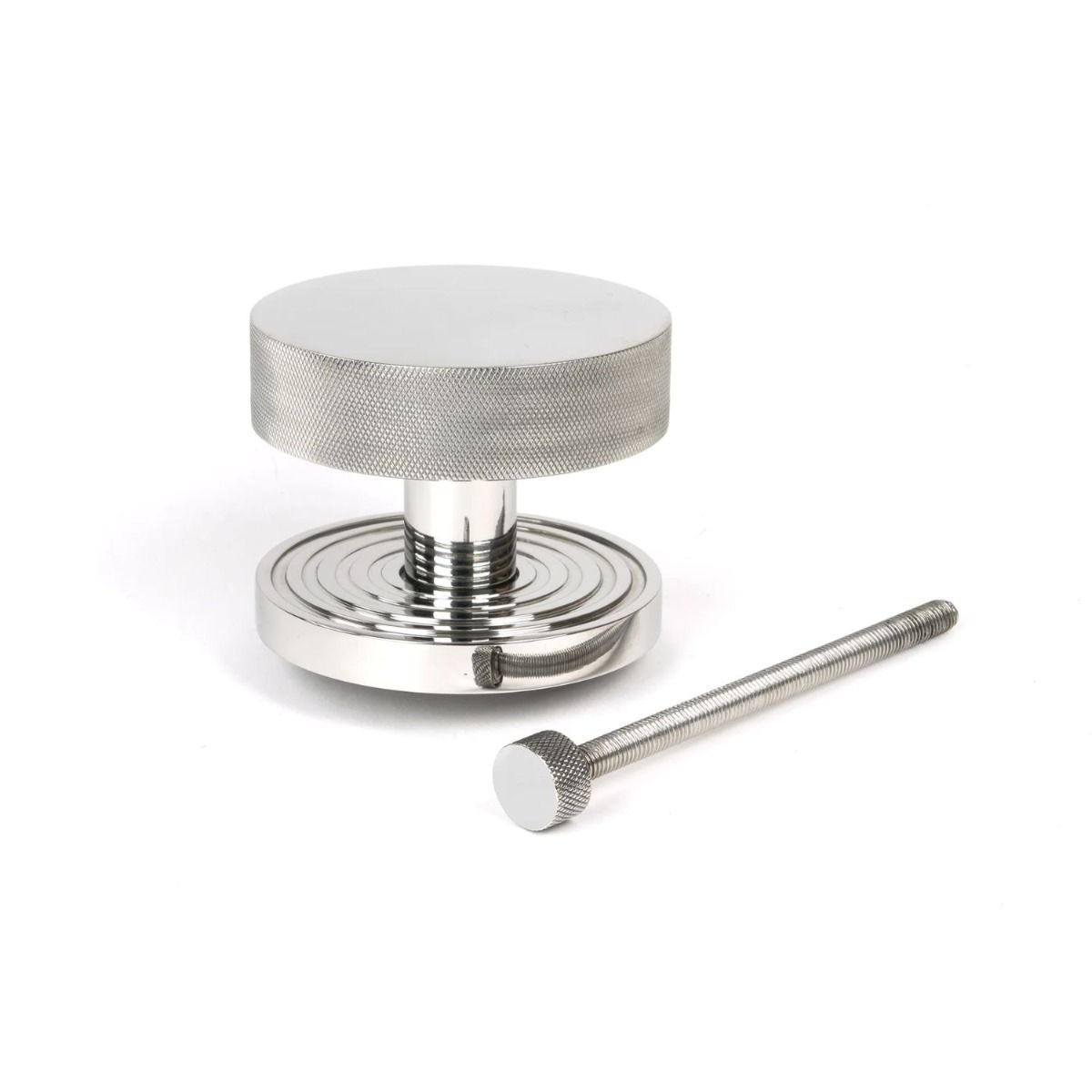 The Polished Stainless Steel Knurled Centre Door Knob on a Beehive Rose with Bolt Fitting on a White Background 