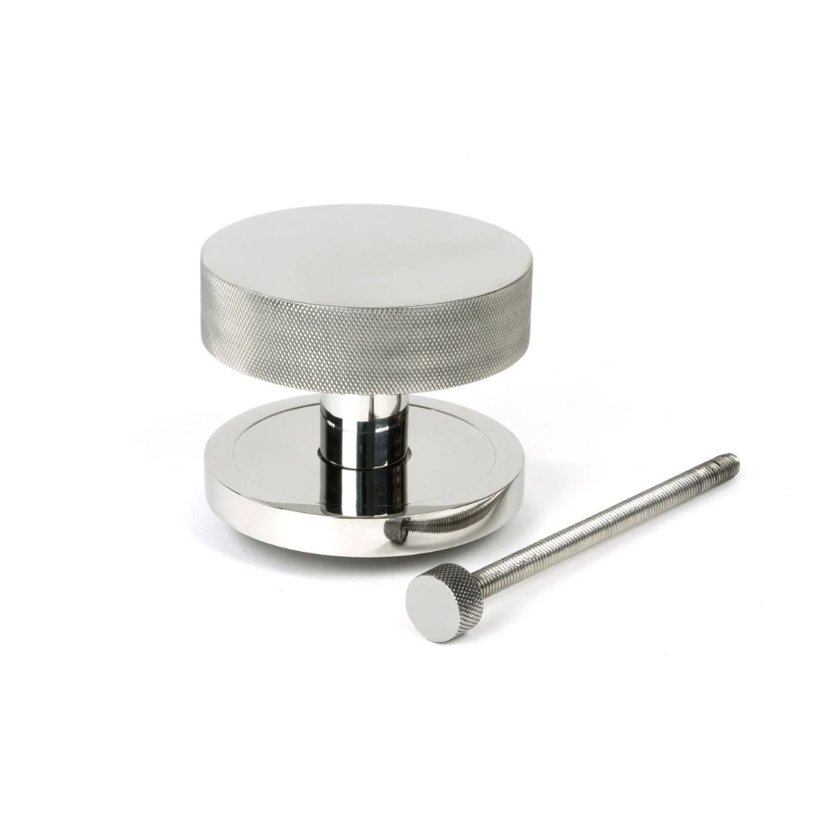 The Polished Stainless Steel Knurled Centre Door Knob on a Plain Rose with Bolt Fitting on a White Background 