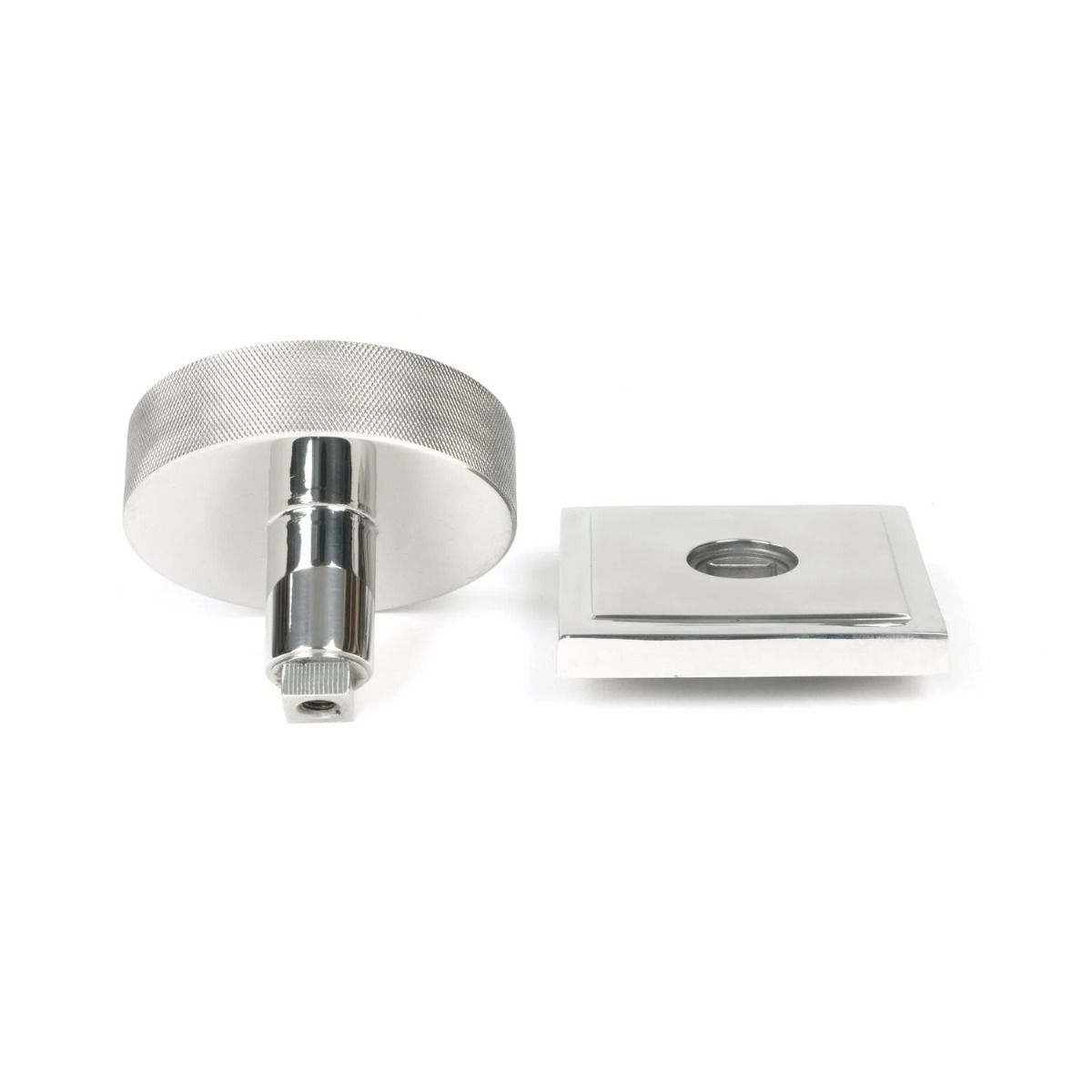 The Polished Stainless Steel Knurled Centre Door Knob on a Square Rose on a White Background Displayed in Separate Sections 