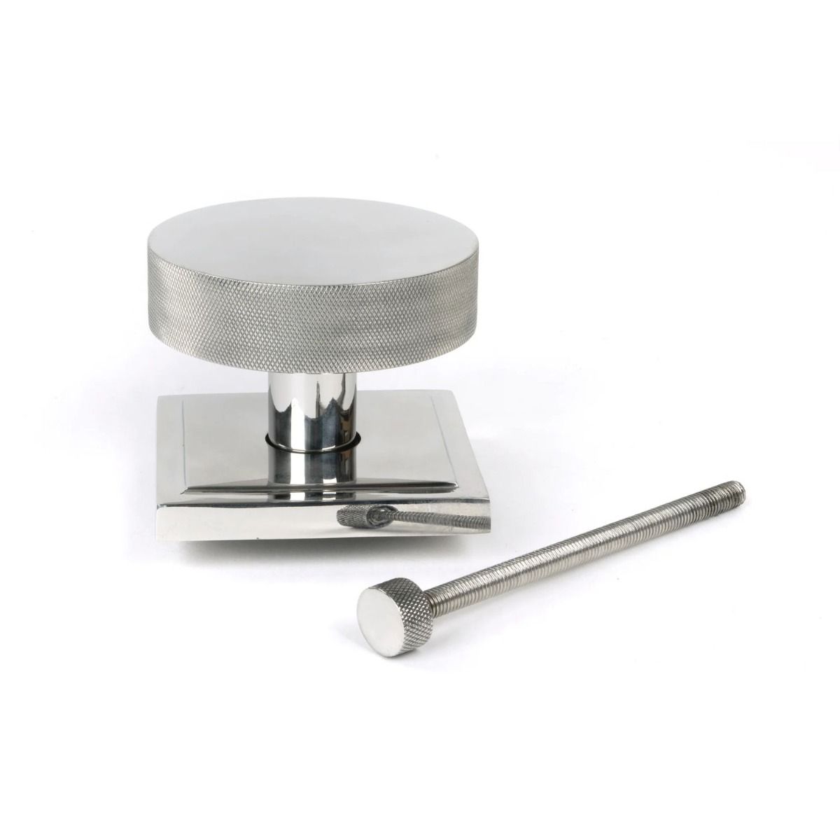 The Polished Stainless Steel Knurled Centre Door Knob on a Square Rose with Bolt Fitting 