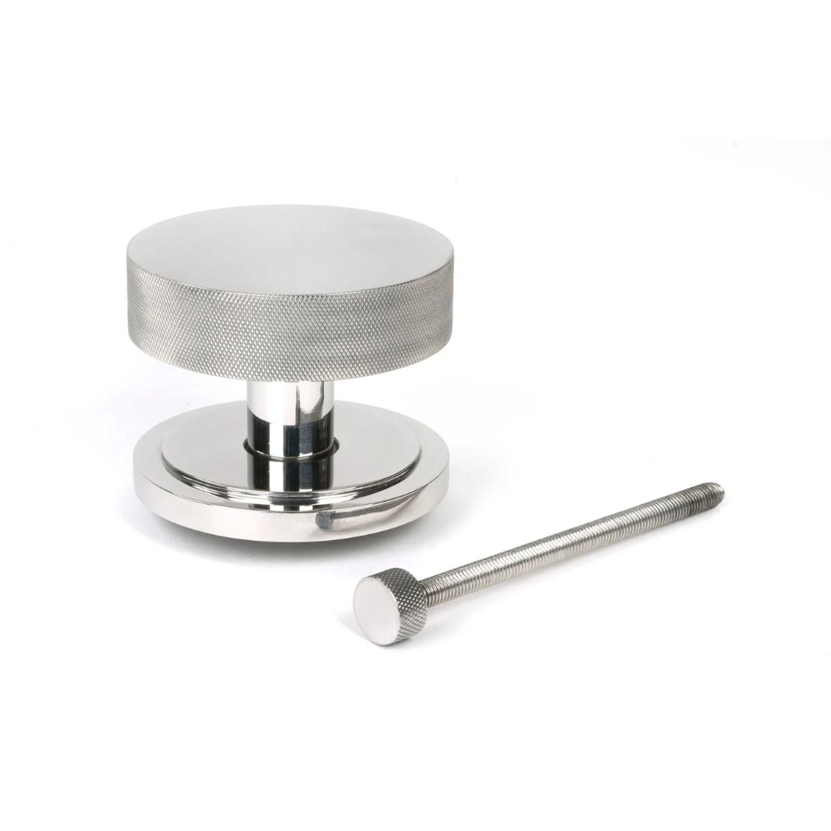 The Polished Stainless Steel Knurled Centre Door Knob on an Art Deco Rose with Bolt Fitting 