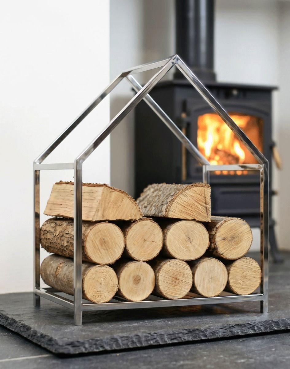 The Polished Steel Contemporary Log Store to the Side of a Log Burner Stove on a Stone Hearth - Digital Illustration