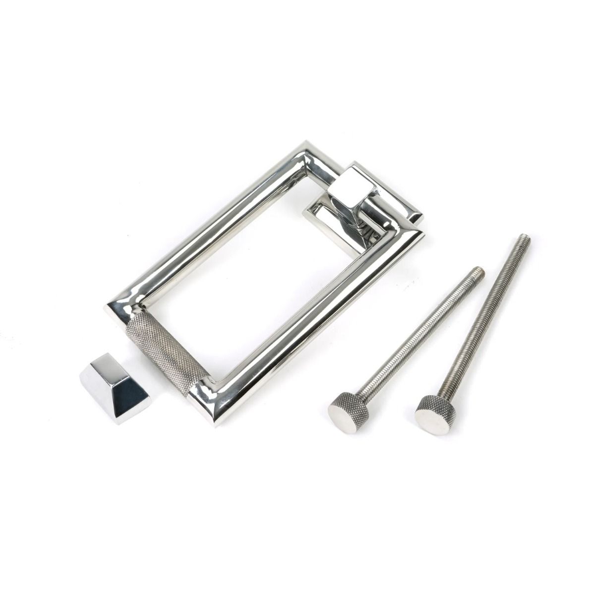 The Polished Steel Modern Knurled Rectangular Door Knocker with all Components 