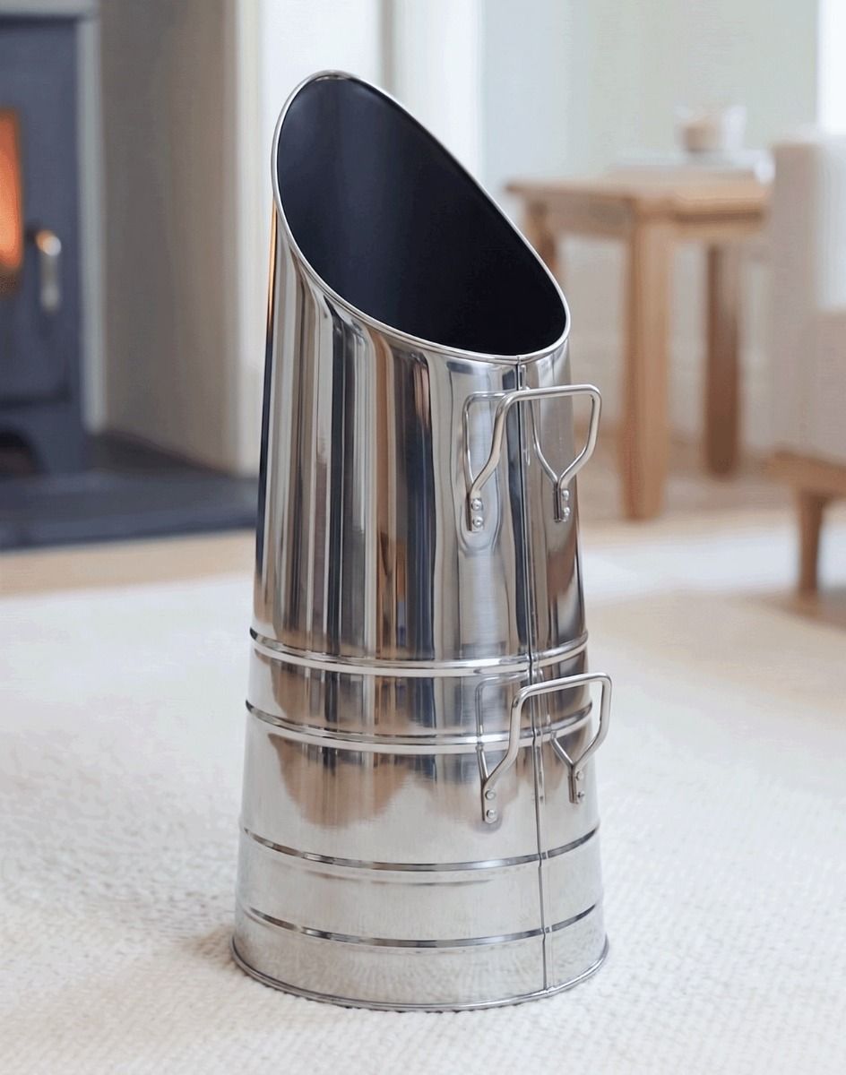The Polished steel with Double Handle ’Rosalie’ Coal Hod in a Contemporary Cream Living Room - Digital Illustration