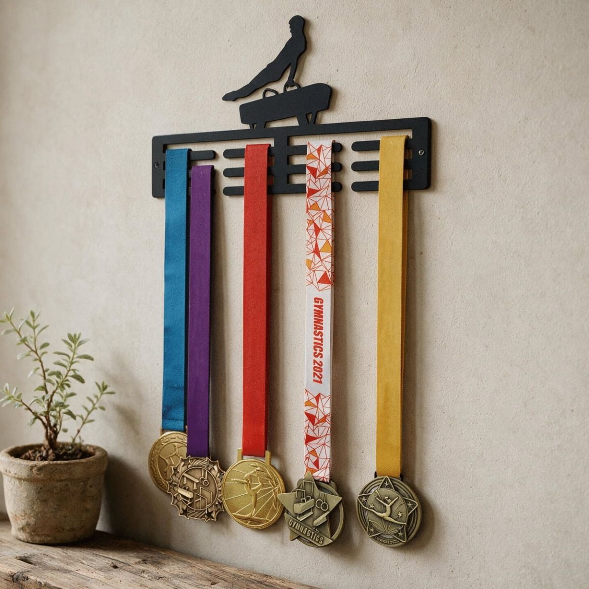 The Pommel Horse Sports Medal Holder Mounted on a Wall Above a Shelf in a Modern Home - Digital Illustration