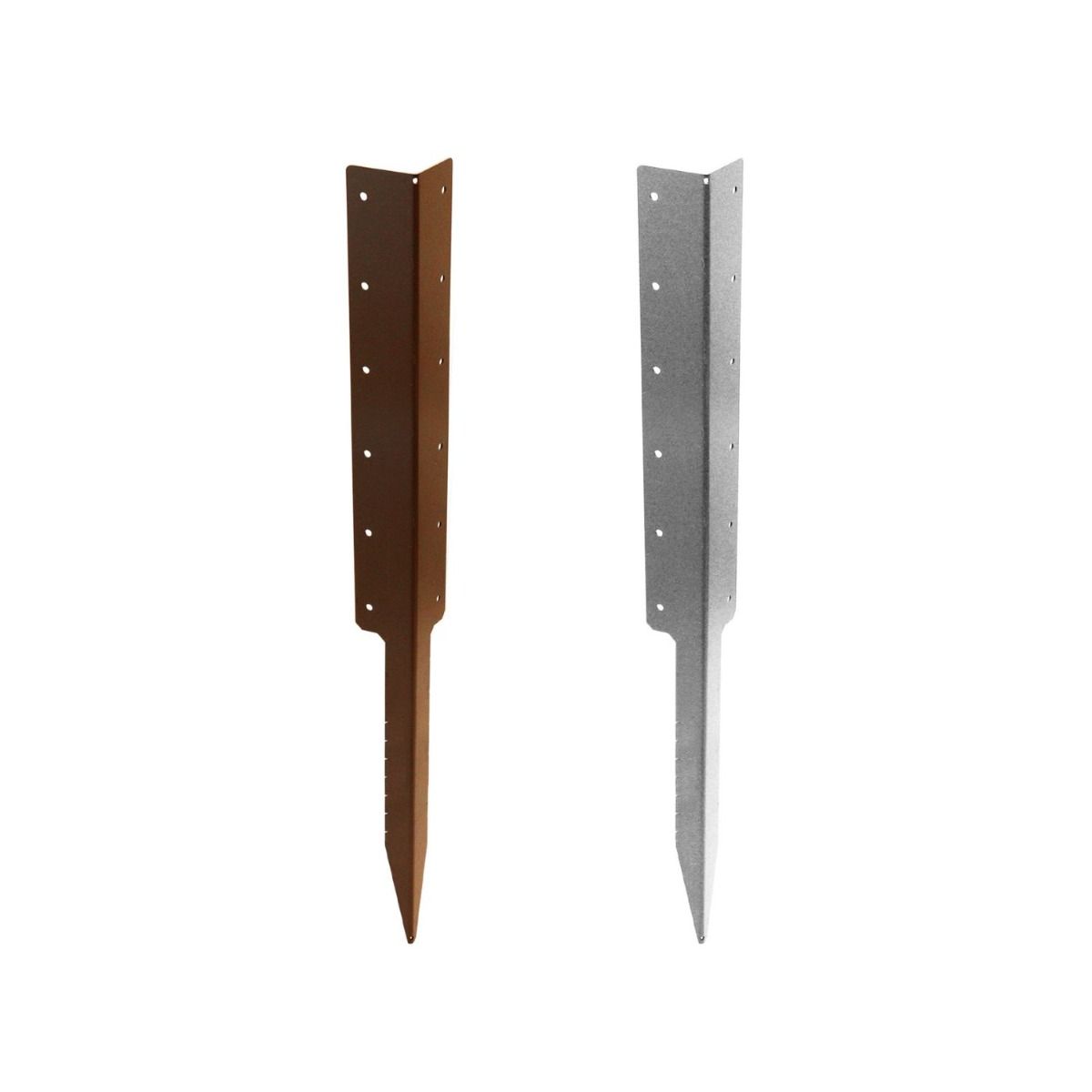 The Pre-Galvanised Heavy Duty Railway Sleeper Corner Spike next to a Brown Version - Right Angle Timber Raised Bed Anchors