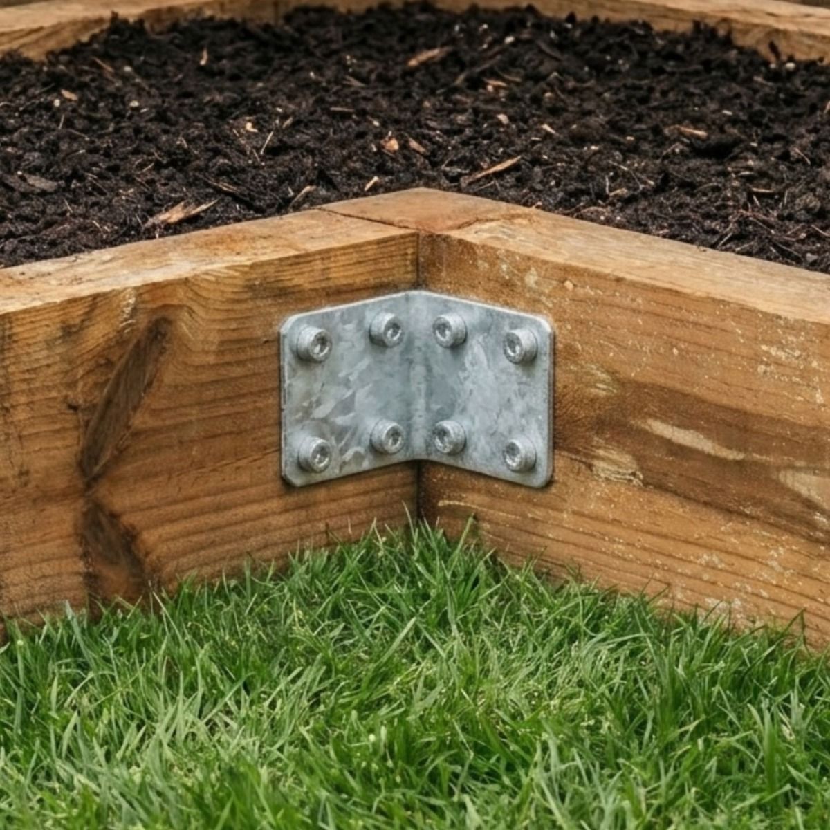 The Pre-Galvanised Railway Sleeper Internal Corner Support Bracket on a Raised Sleeper Bed - Digital Illustration