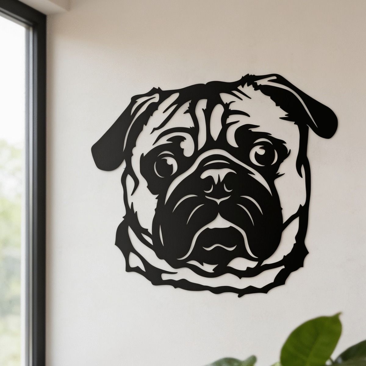 The Pug Steel Wall Art on a Cream Living Room Wall - Digital Illustration