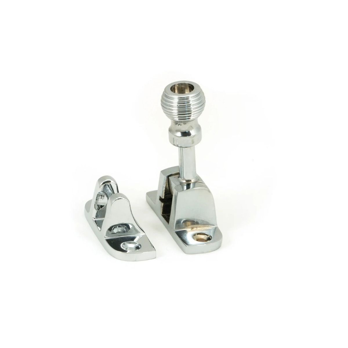 The Radiused Beehive Brighton Sash Window Fastener in Polished Chrome Shown Upright 