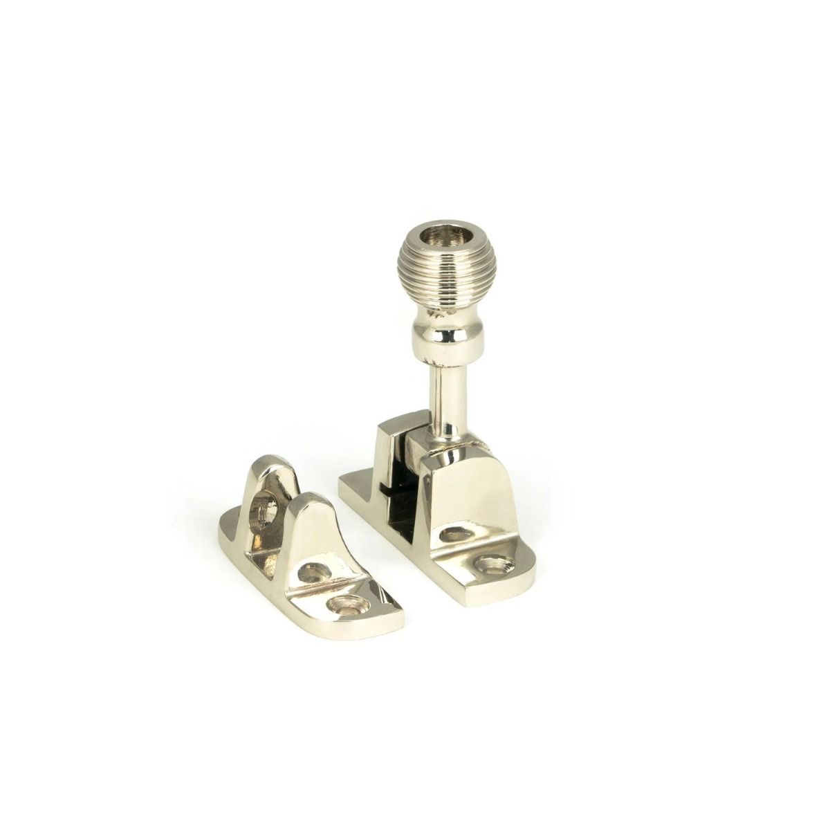 The Radiused Beehive Brighton Sash Window Fastener in Polished Nickel Shown Upright 
