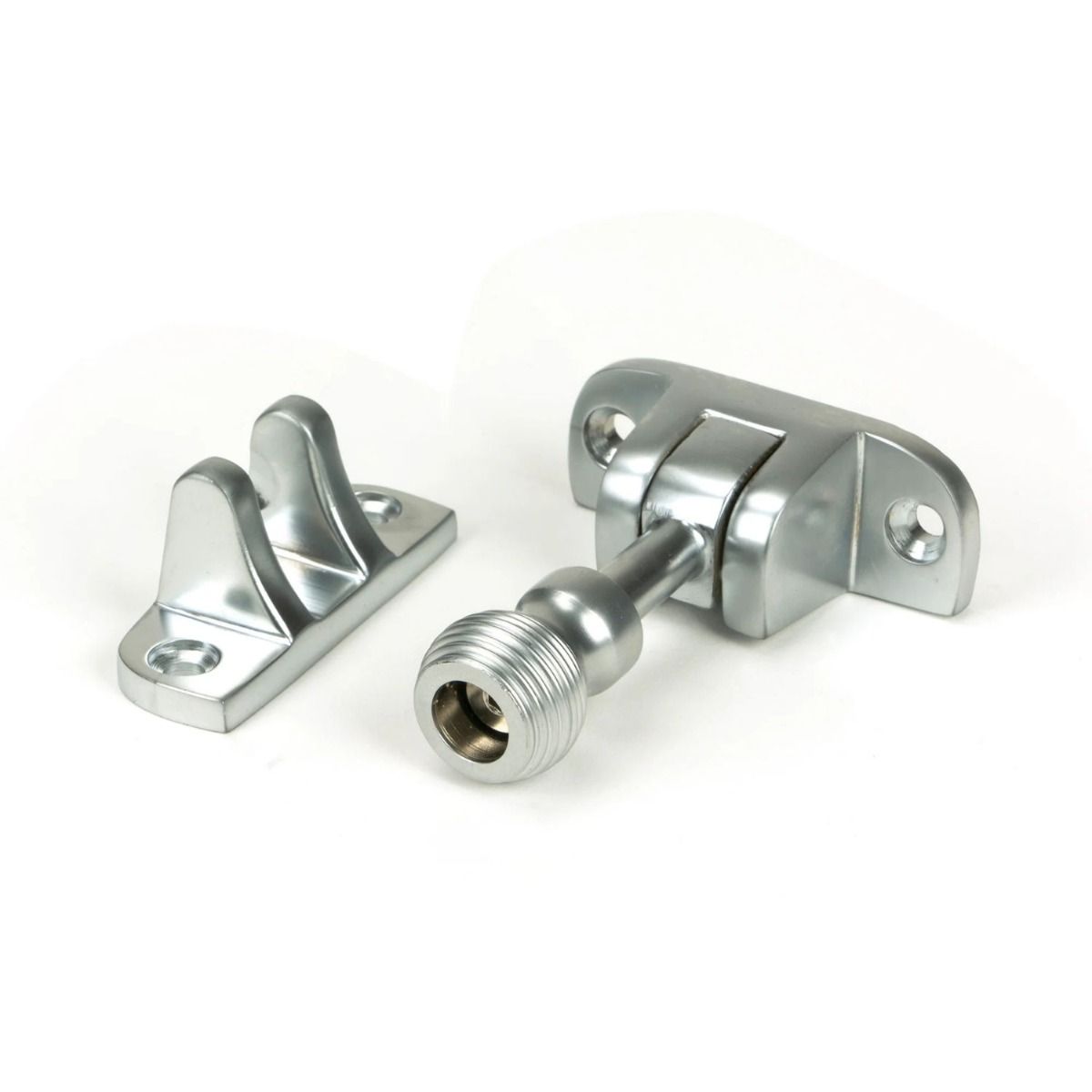 The Radiused Beehive Brighton Sash Window Fastener in Satin Chrome on a White Background 