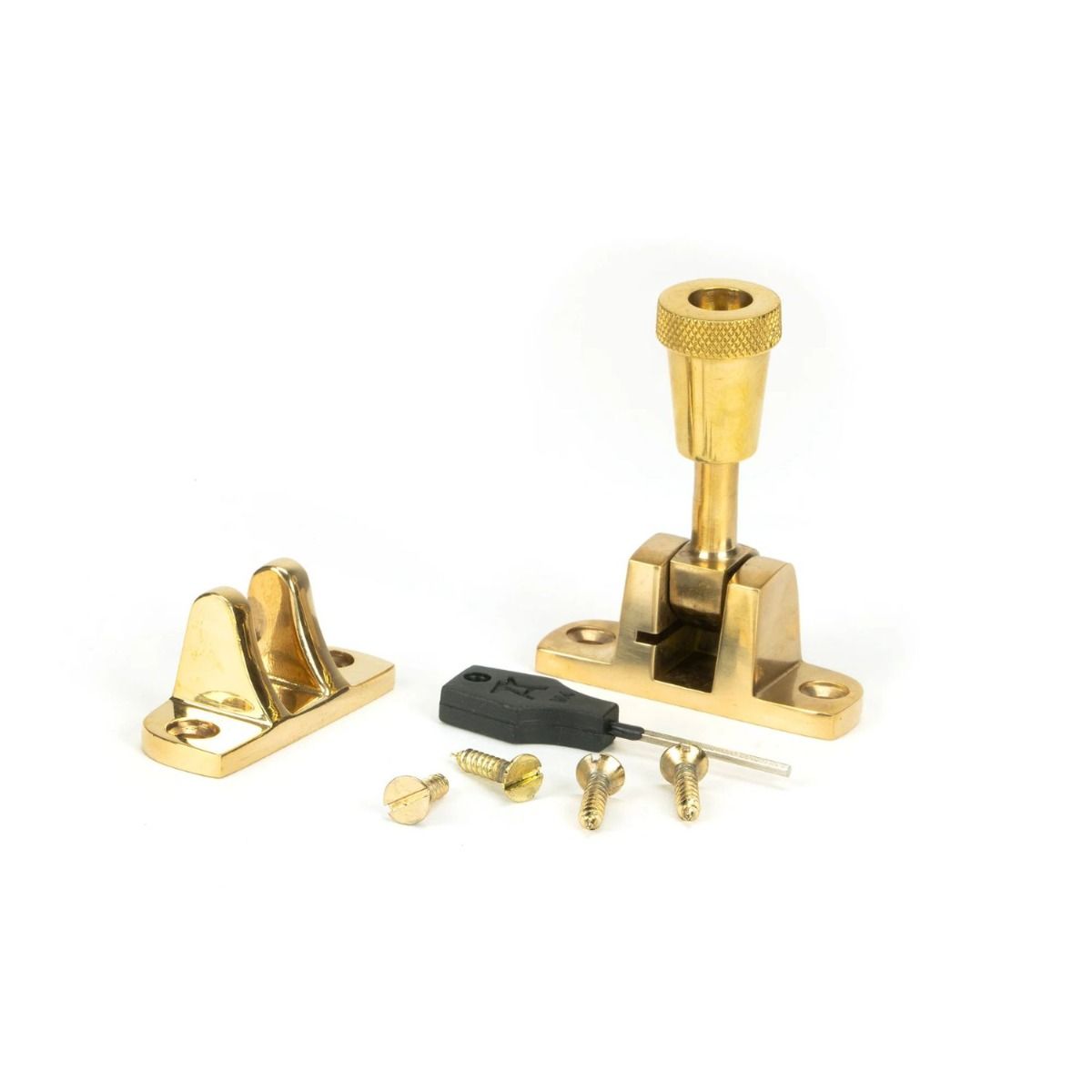 The Radiused Knurled Brighton Sash Window Fastener in Polished Brass with all Components 