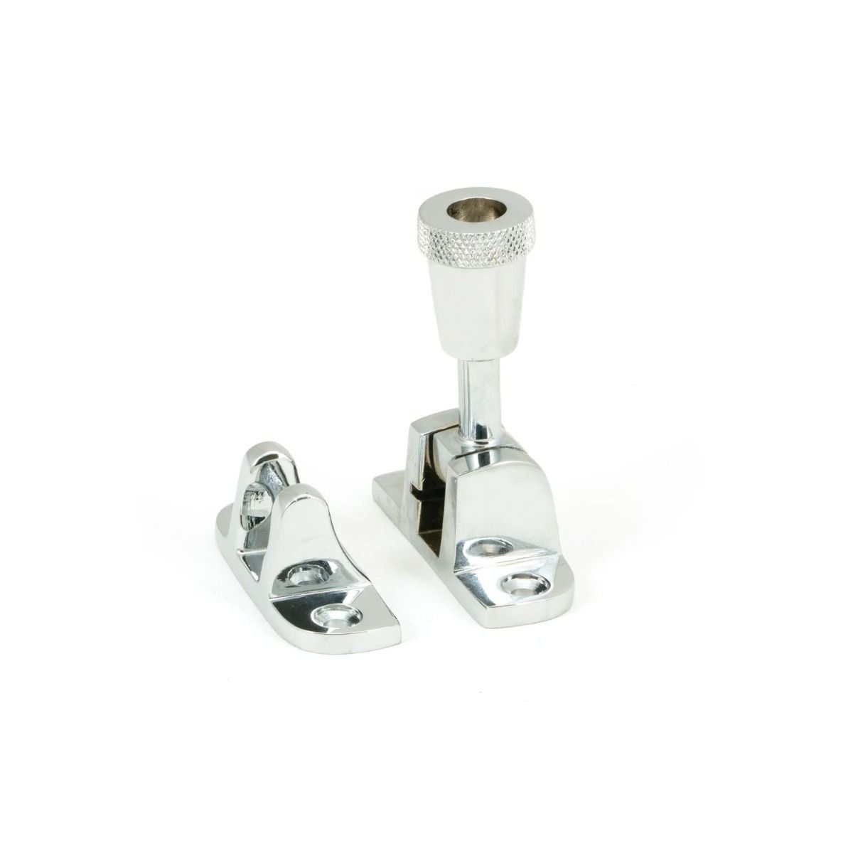 The Radiused Knurled Brighton Sash Window Fastener in Polished Chrome Shown Upright 