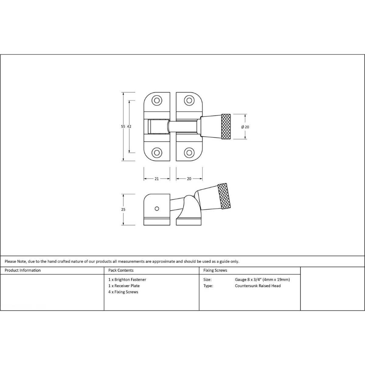 The Radiused Knurled Brighton Sash Window Fastener in Polished Chrome Technical Drawings and Dimensions 