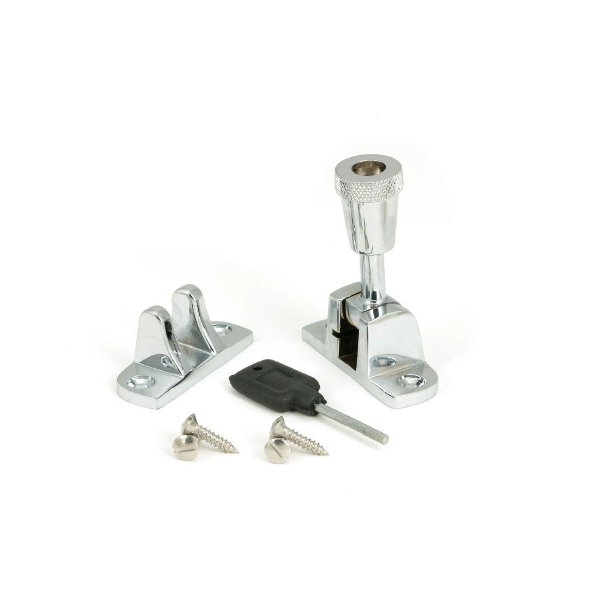 The Radiused Knurled Brighton Sash Window Fastener in Polished Chrome with all Components 