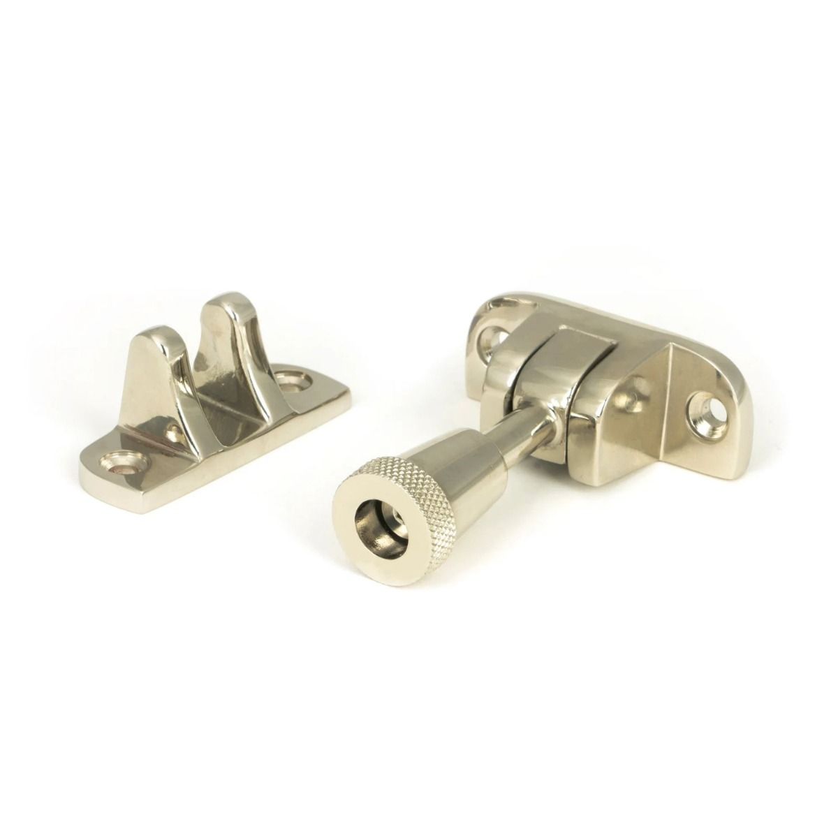 The Radiused Knurled Brighton Sash Window Fastener in Polished Nickel on a White Background 