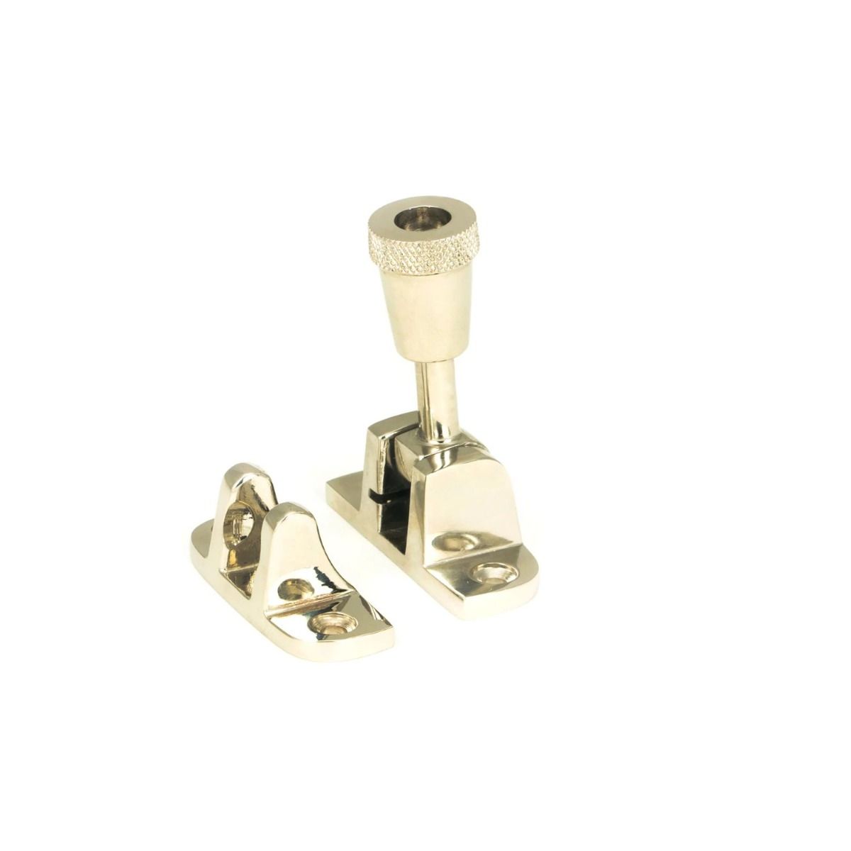 The Radiused Knurled Brighton Sash Window Fastener in Polished Nickel Shown Upright 