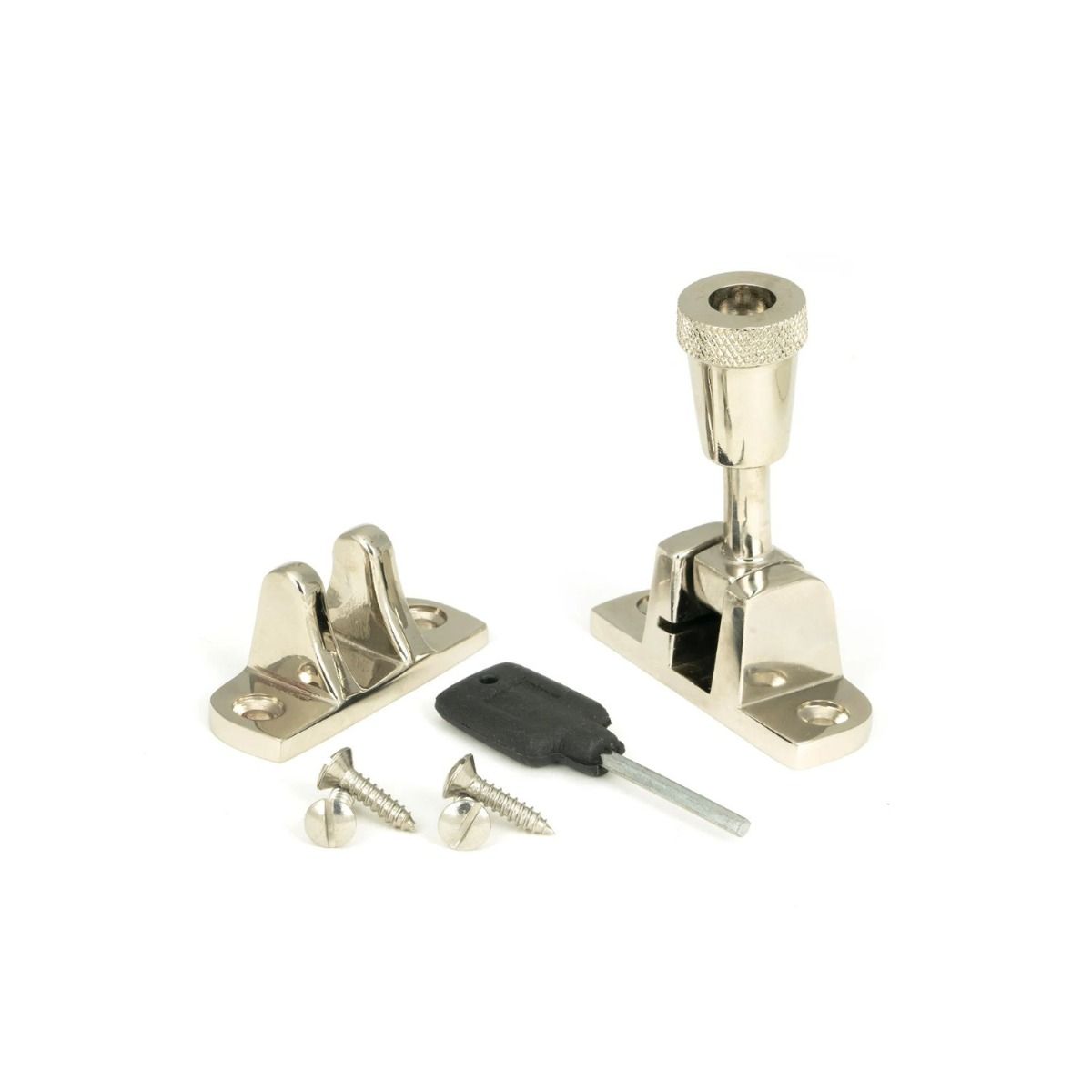 The Radiused Knurled Brighton Sash Window Fastener in Polished Nickel with all Components 