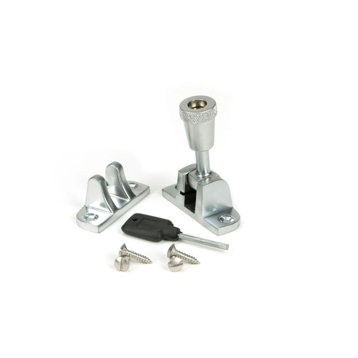 The Radiused Knurled Brighton Sash Window Fastener in Satin Chrome with all Components 