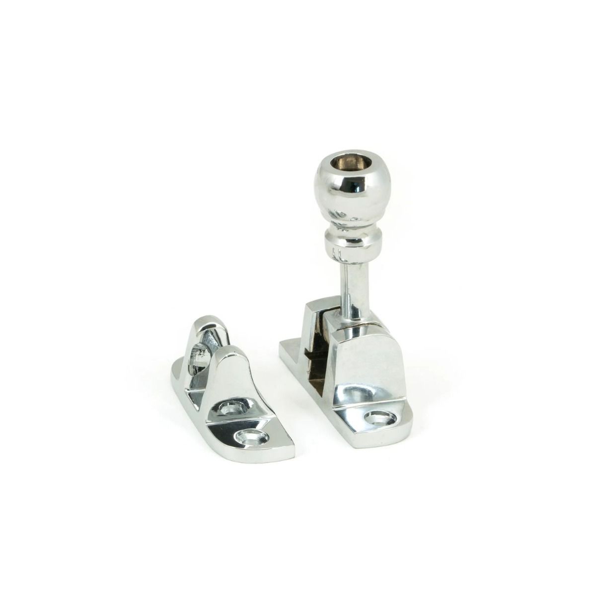 The Radiused Rounded Brighton Sash Window Fastener in Polished Chrome Shown Upright 