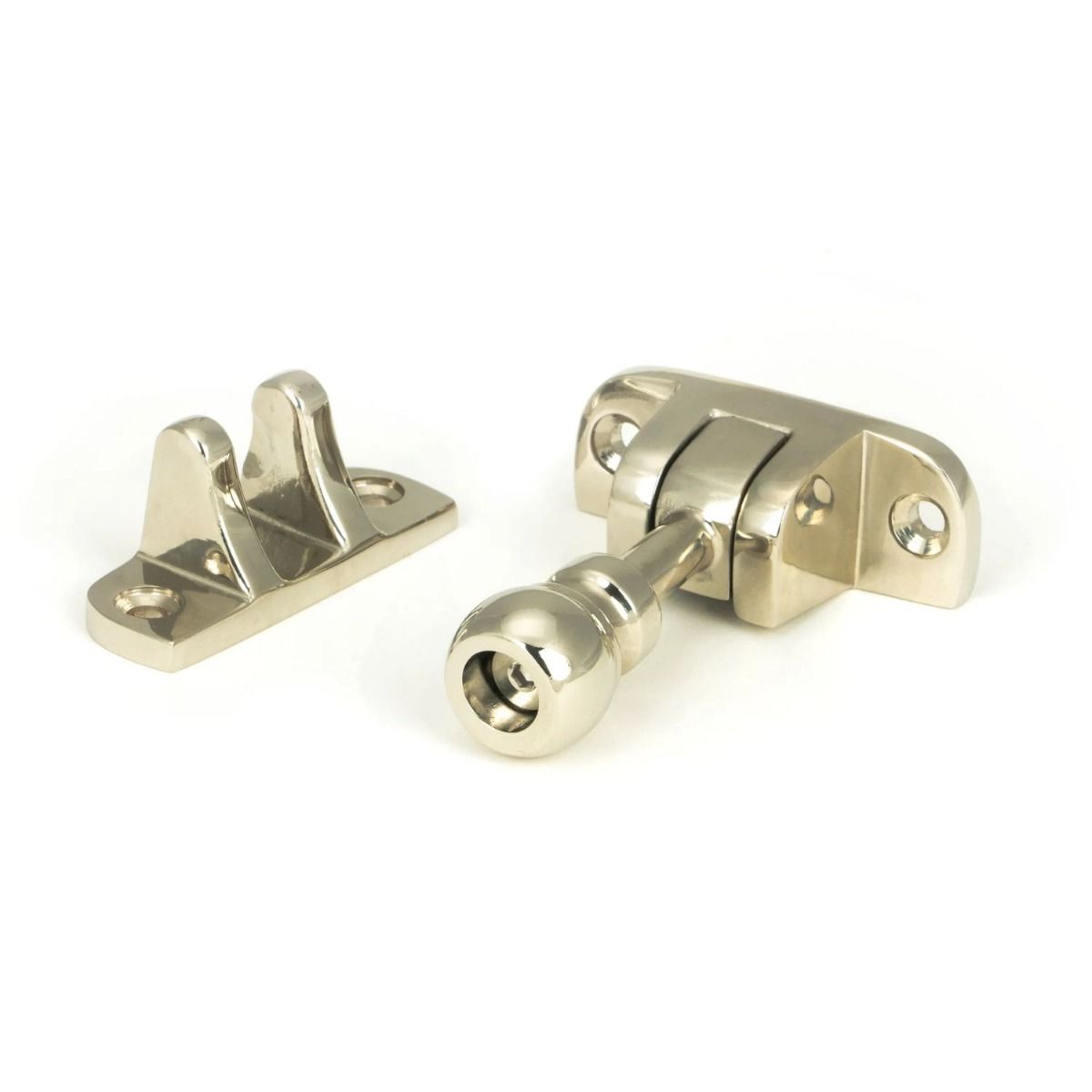 The Radiused Rounded Brighton Sash Window Fastener in Polished Nickel on a White Background 