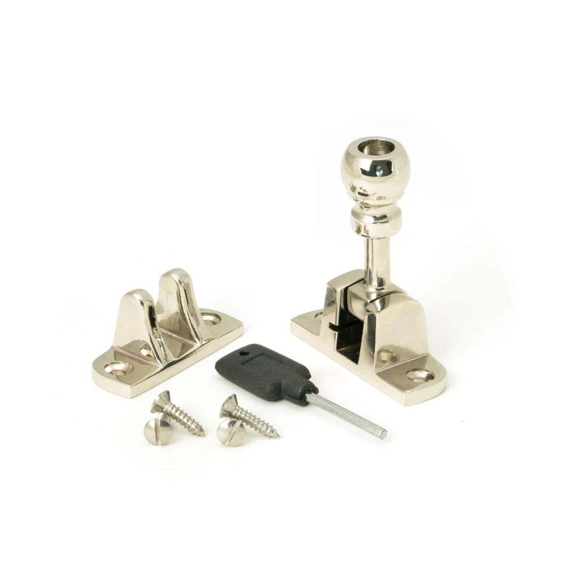 The Radiused Rounded Brighton Sash Window Fastener in Polished Nickel with all Components 