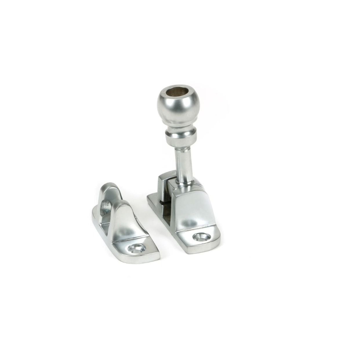 The Radiused Rounded Brighton Sash Window Fastener in Satin Chrome Shown Upright 