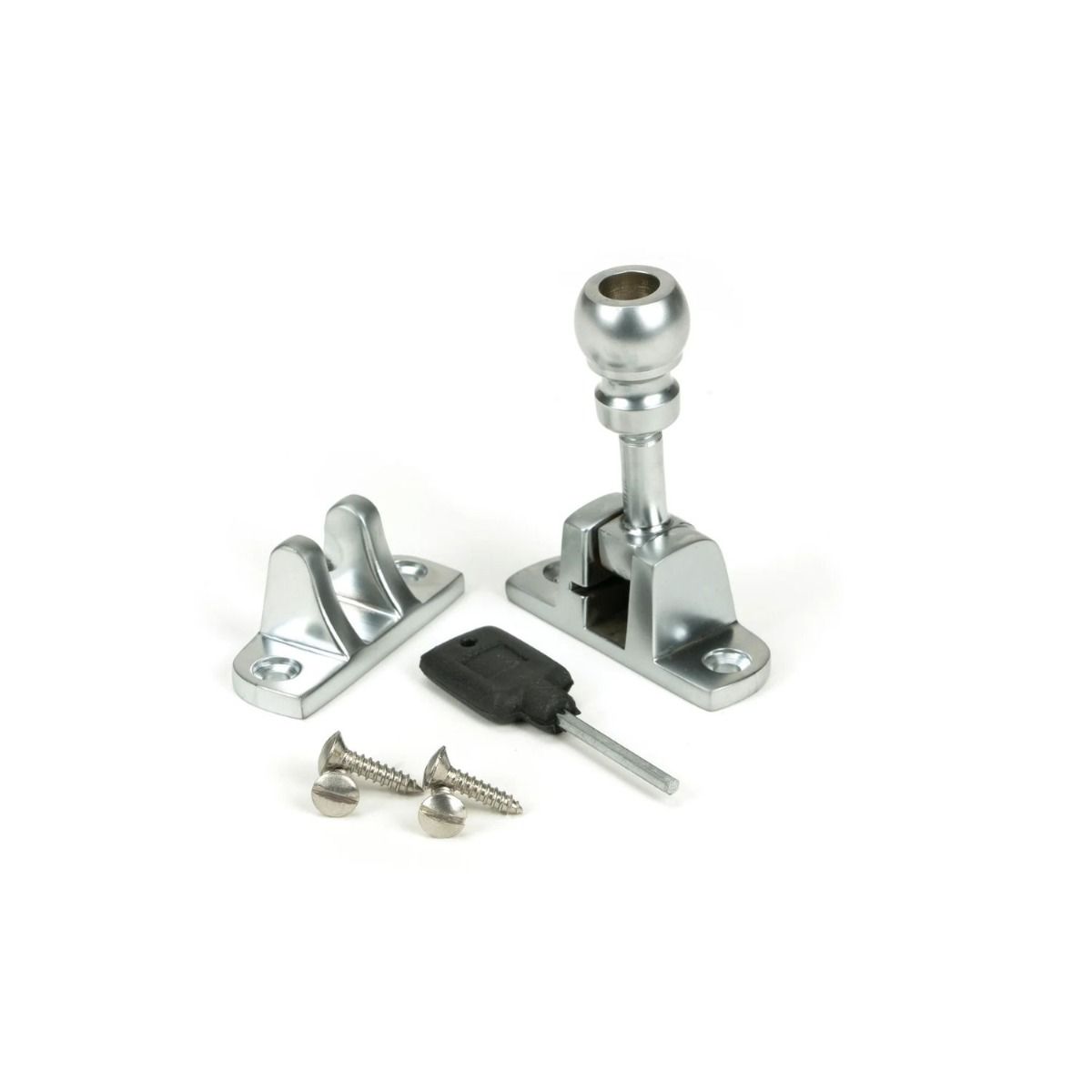 The Radiused Rounded Brighton Sash Window Fastener in Satin Chrome with all Components 