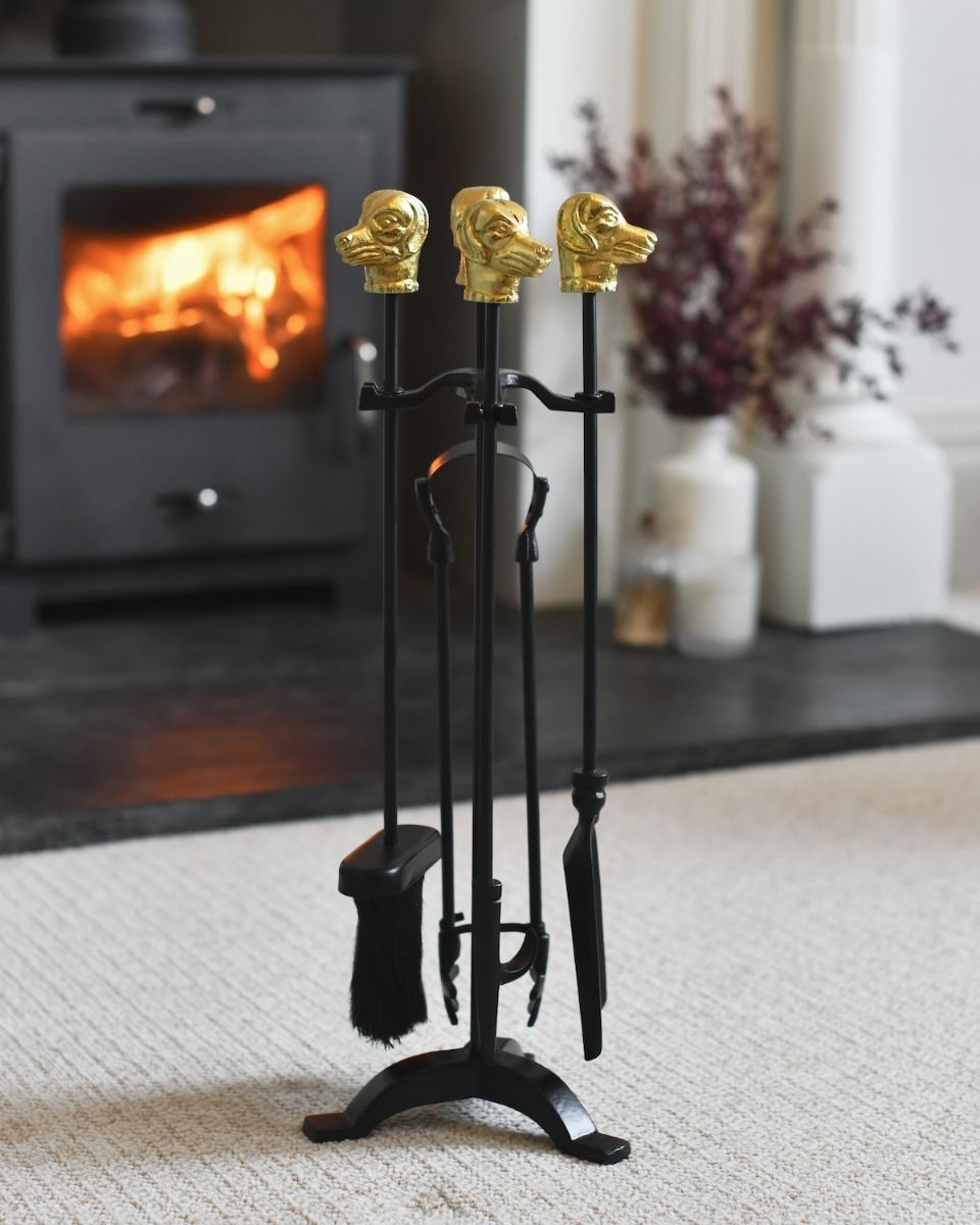 The Ravenscroft" Fireside Companion Set in a Modern Interior Setting next to a Log Burner Stove - Digital Illustration