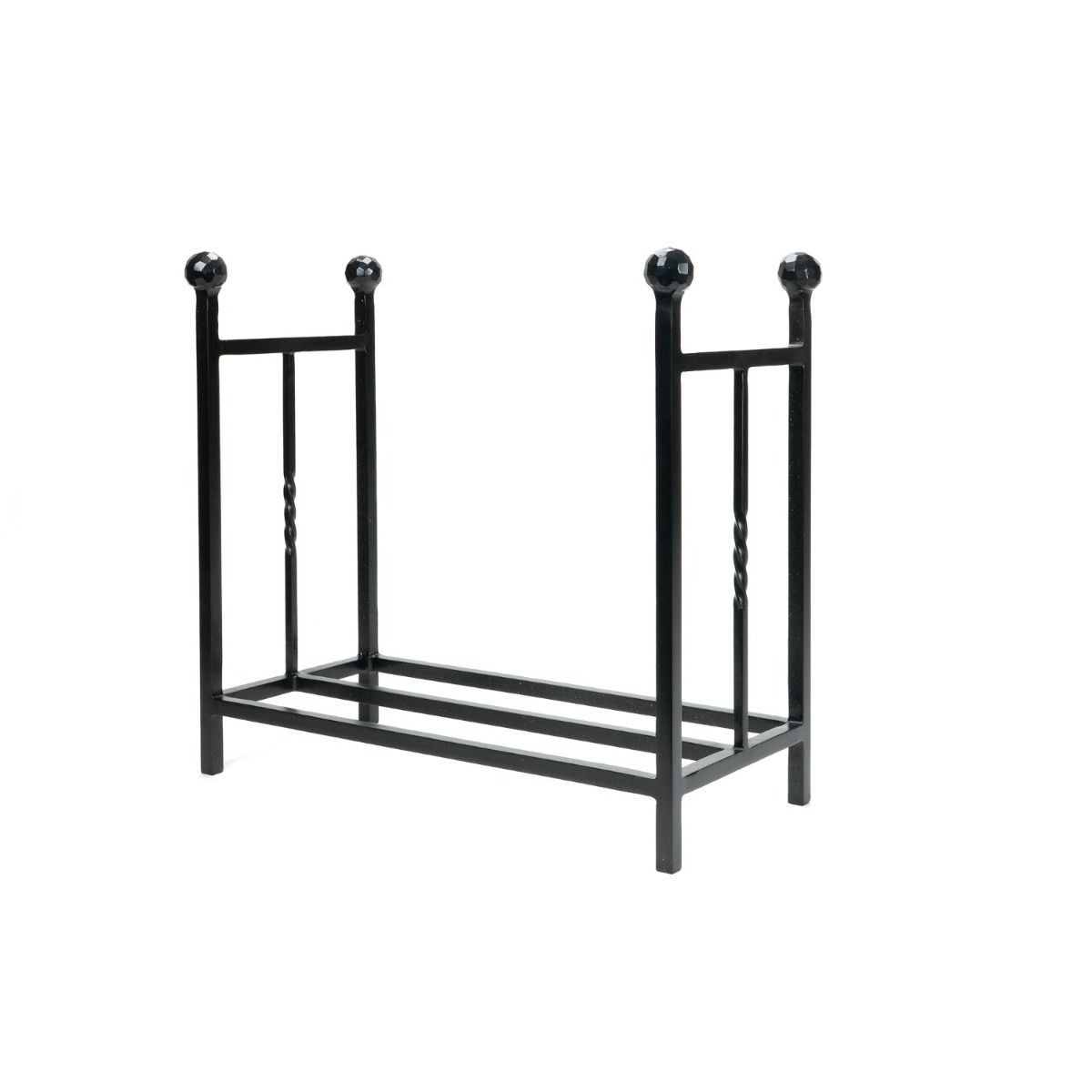 The Rectangular Fireside Log Holder with Ball Finials in Matt Black Shown from an Angle on a White Background