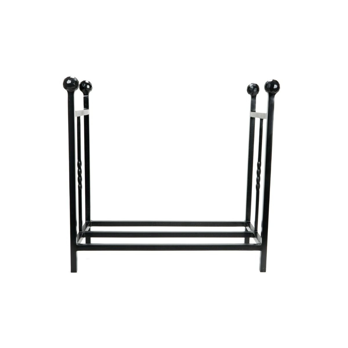 The Rectangular Fireside Log Holder with Ball Finials in Matt Black Shown from the Side on a White Background