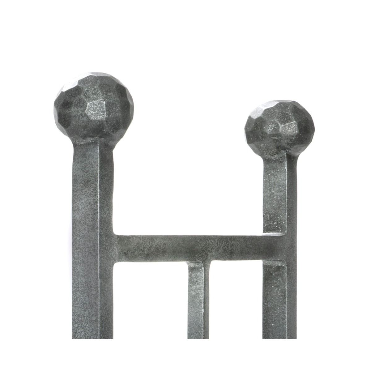 The Rectangular Fireside Log Holder with Ball Finials in Pewter Showing a Close up of the Finials