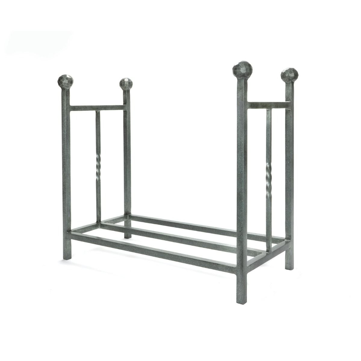 The Rectangular Fireside Log Holder with Ball Finials in Pewter Shown from an Angle on a White Background