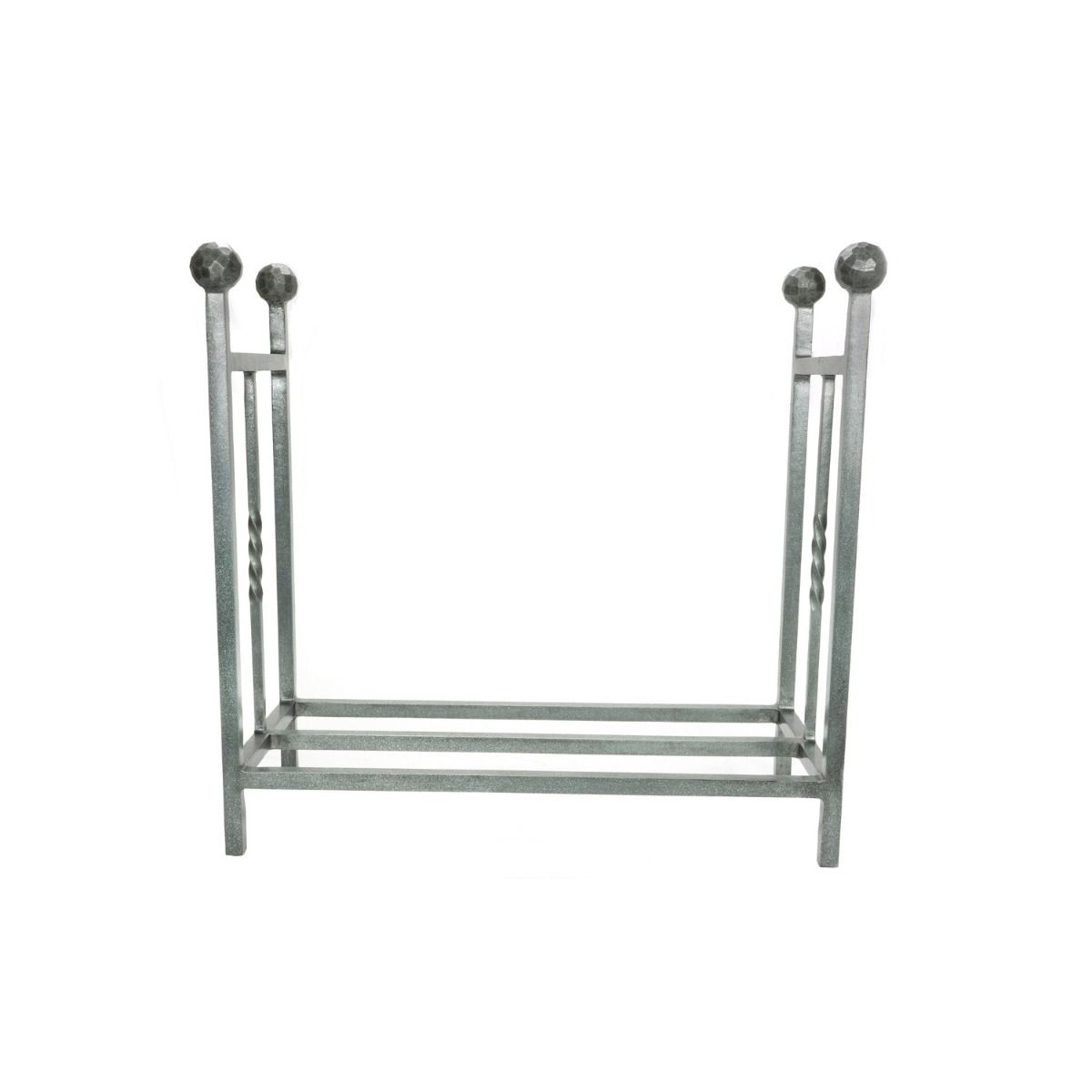 The Rectangular Fireside Log Holder with Ball Finials in Pewter Shown from the Side on a White Background