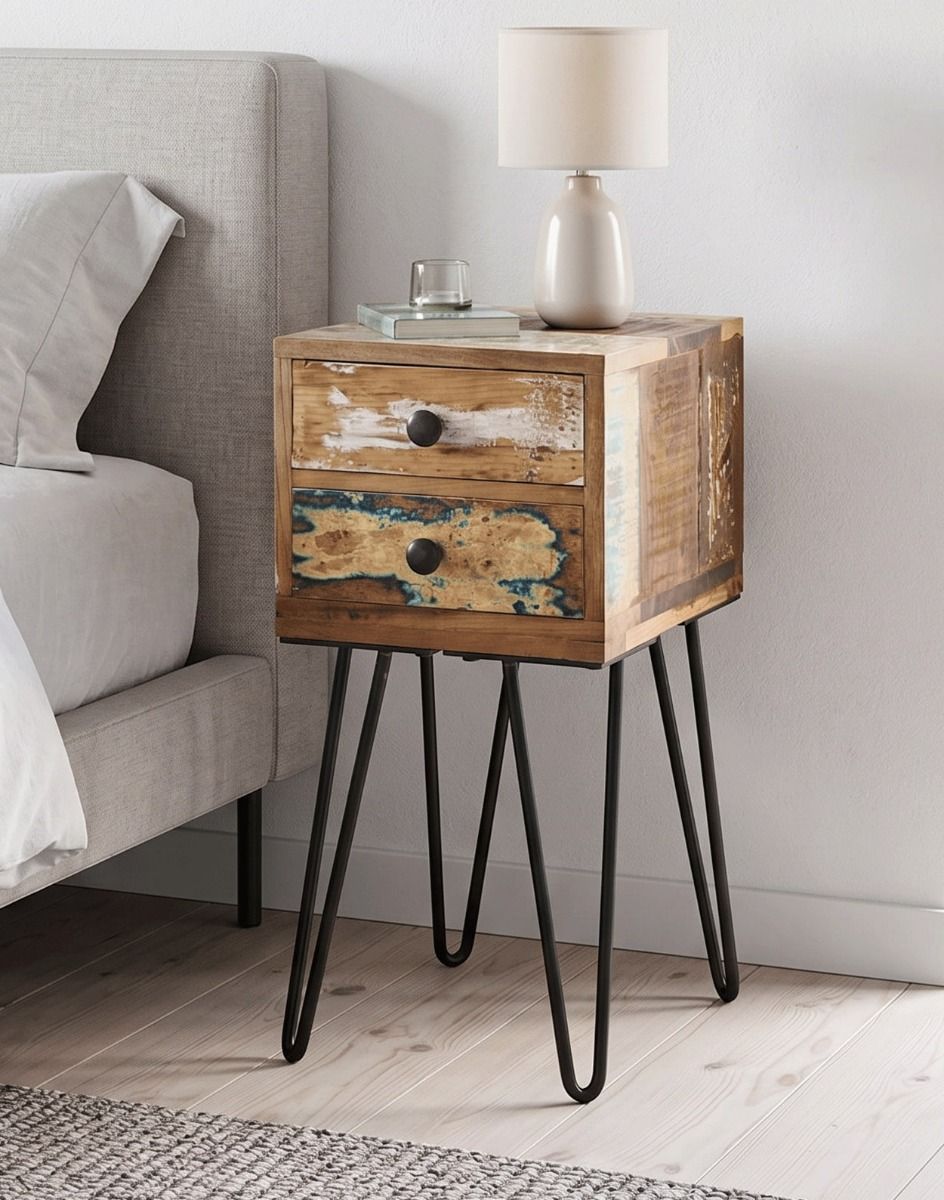 The Recycled Wood 2 Drawer Bedside Table Next to a Bed in a Modern Bedroom - Digital Illustration