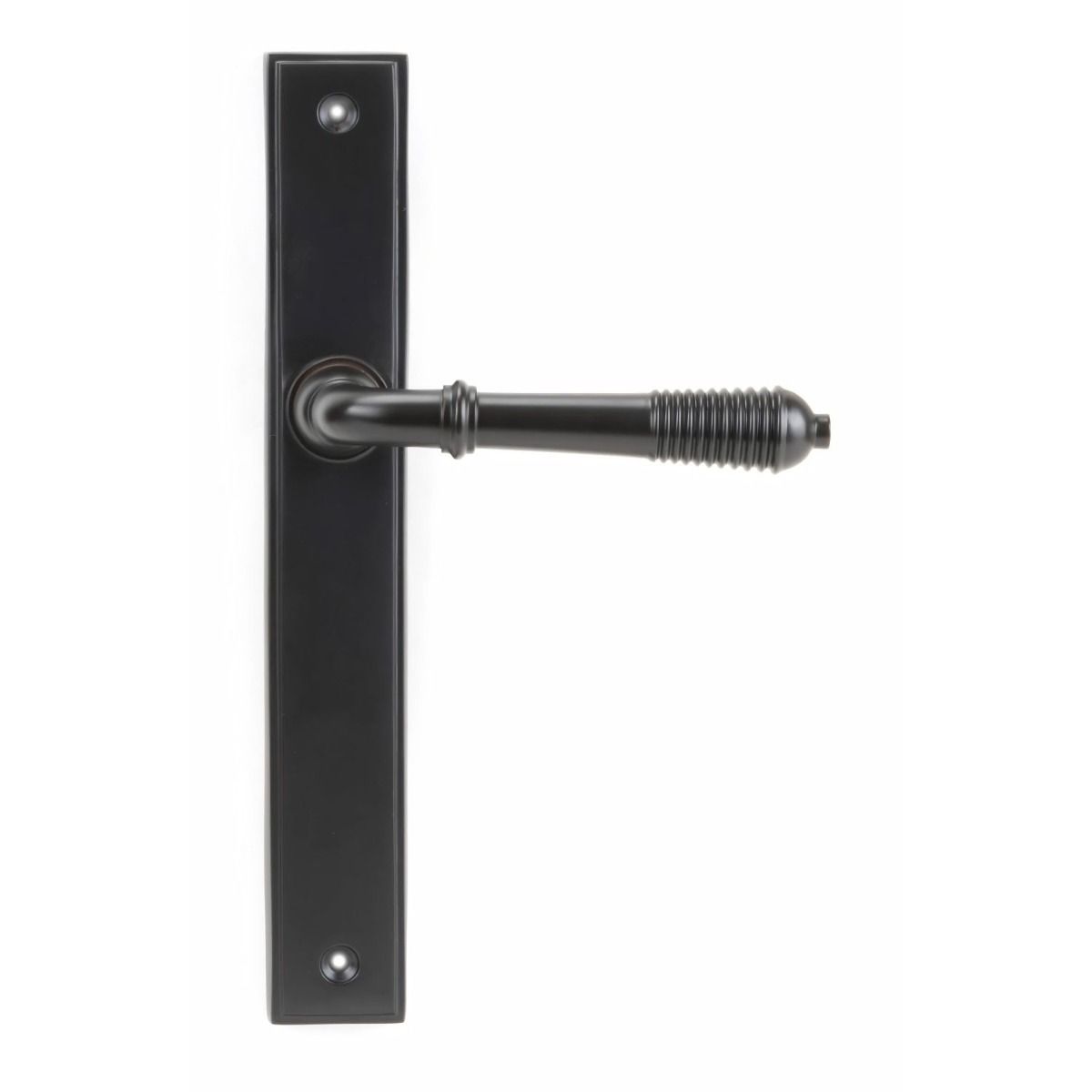 The Reeded Slimline Lever Espagnolette Door Latch in Aged Bronze on a White Background 
