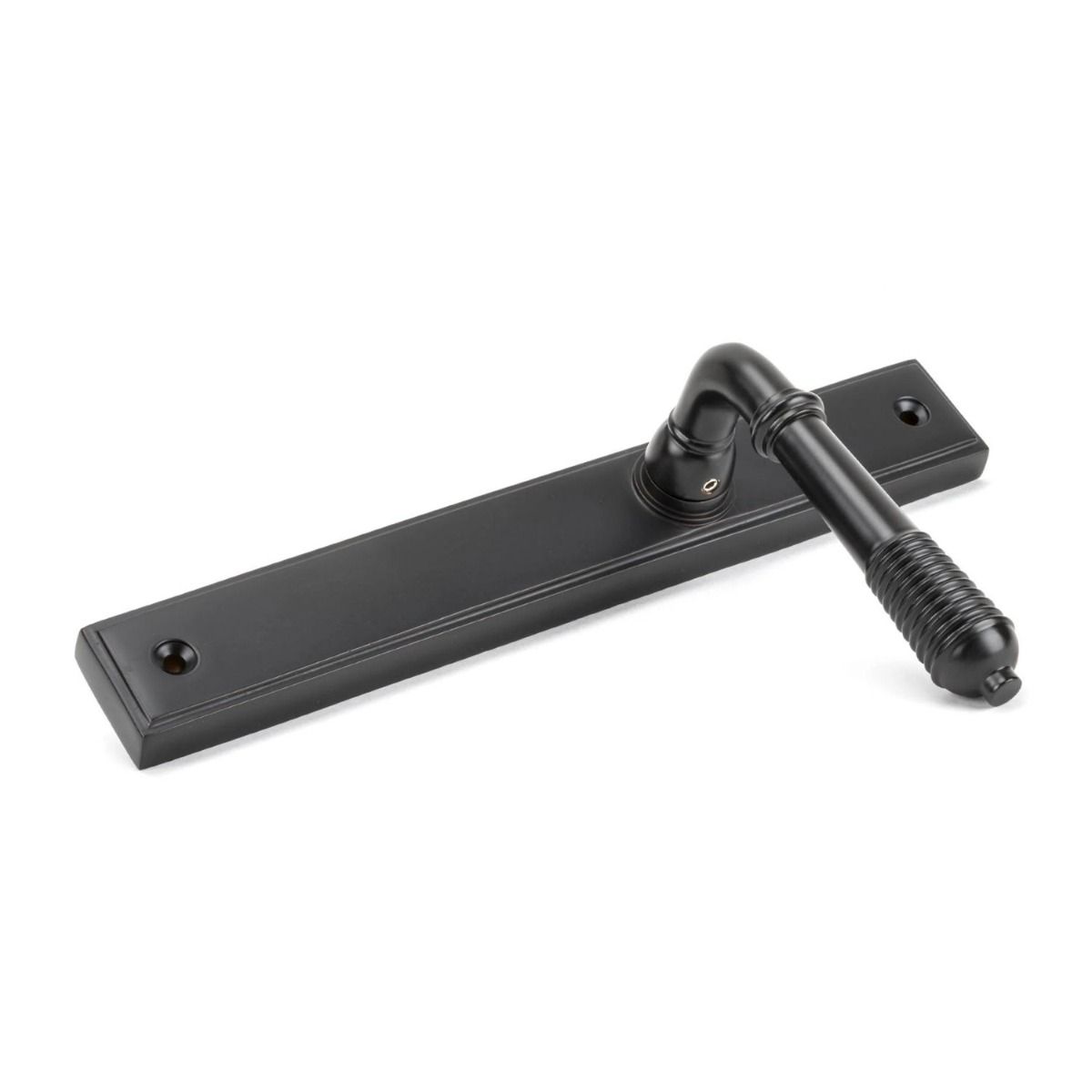 The Reeded Slimline Lever Espagnolette Door Latch in Aged Bronze Shown on its Side 