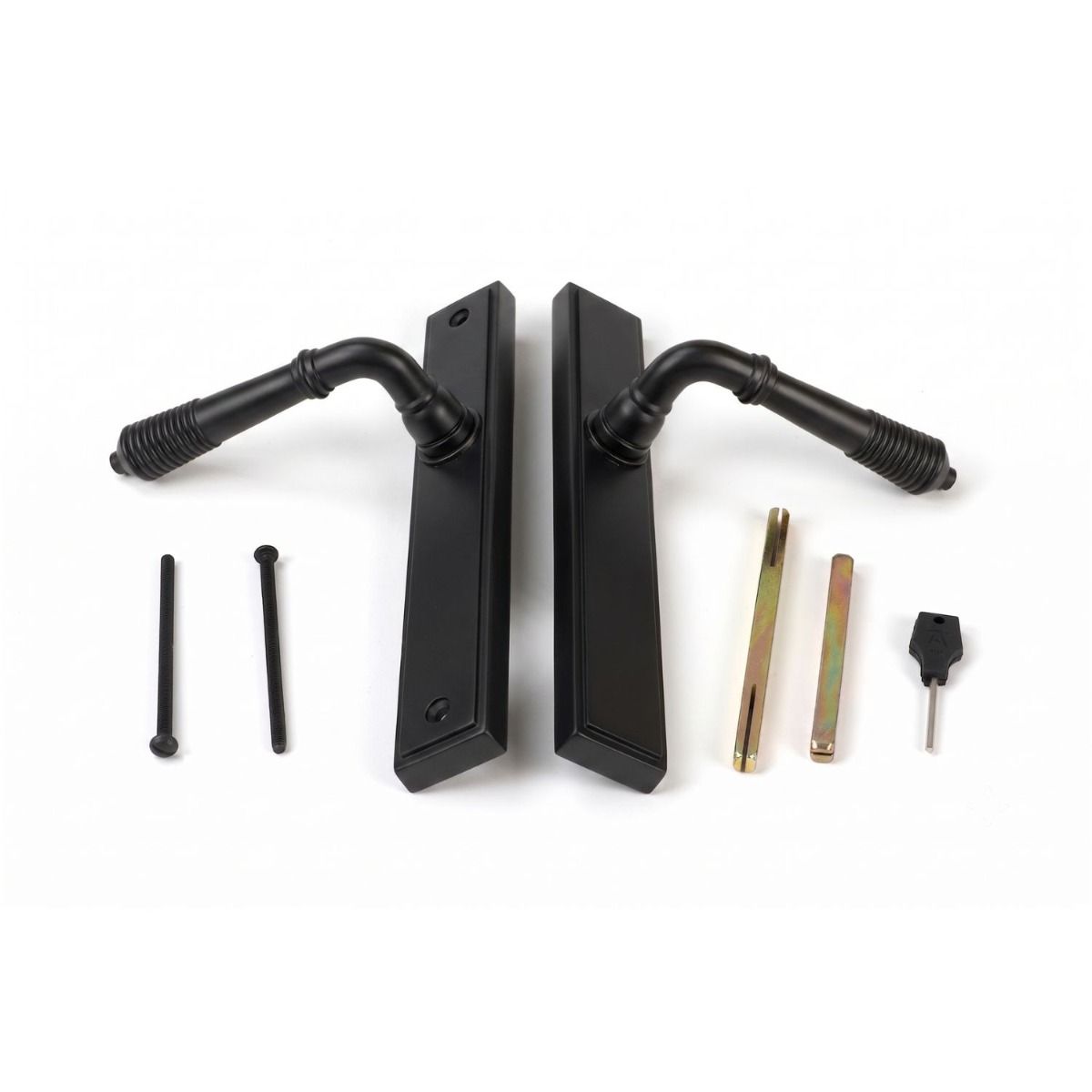 The Reeded Slimline Lever Espagnolette Door Latch in Aged Bronze with all Components Laid Out