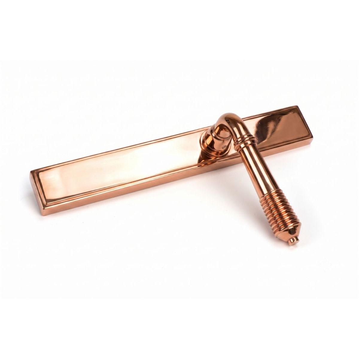 The Reeded Slimline Lever Espagnolette Door Latch in Polished Bronze Shown on its Side 