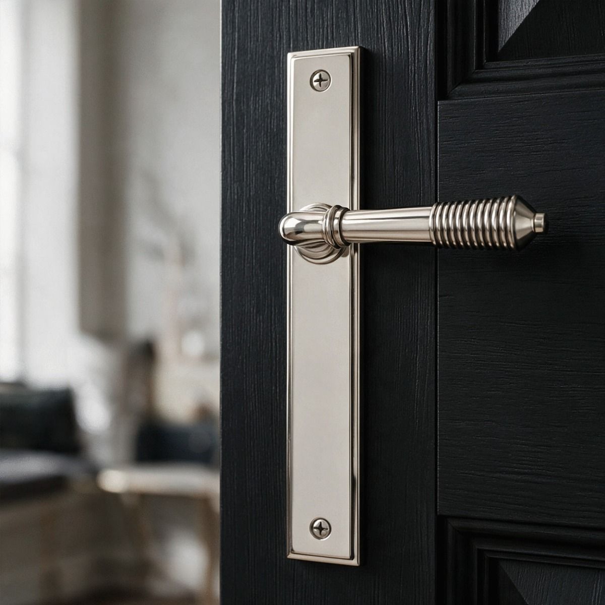 The Reeded Slimline Lever Espagnolette Door Latch in Polished Nickel on a Black Door in a Modern Home - Digital Illustration