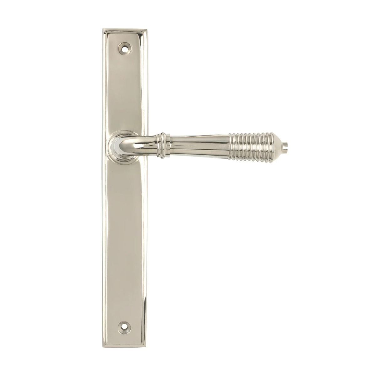 The Reeded Slimline Lever Espagnolette Door Latch in Polished Nickel on a White Background 