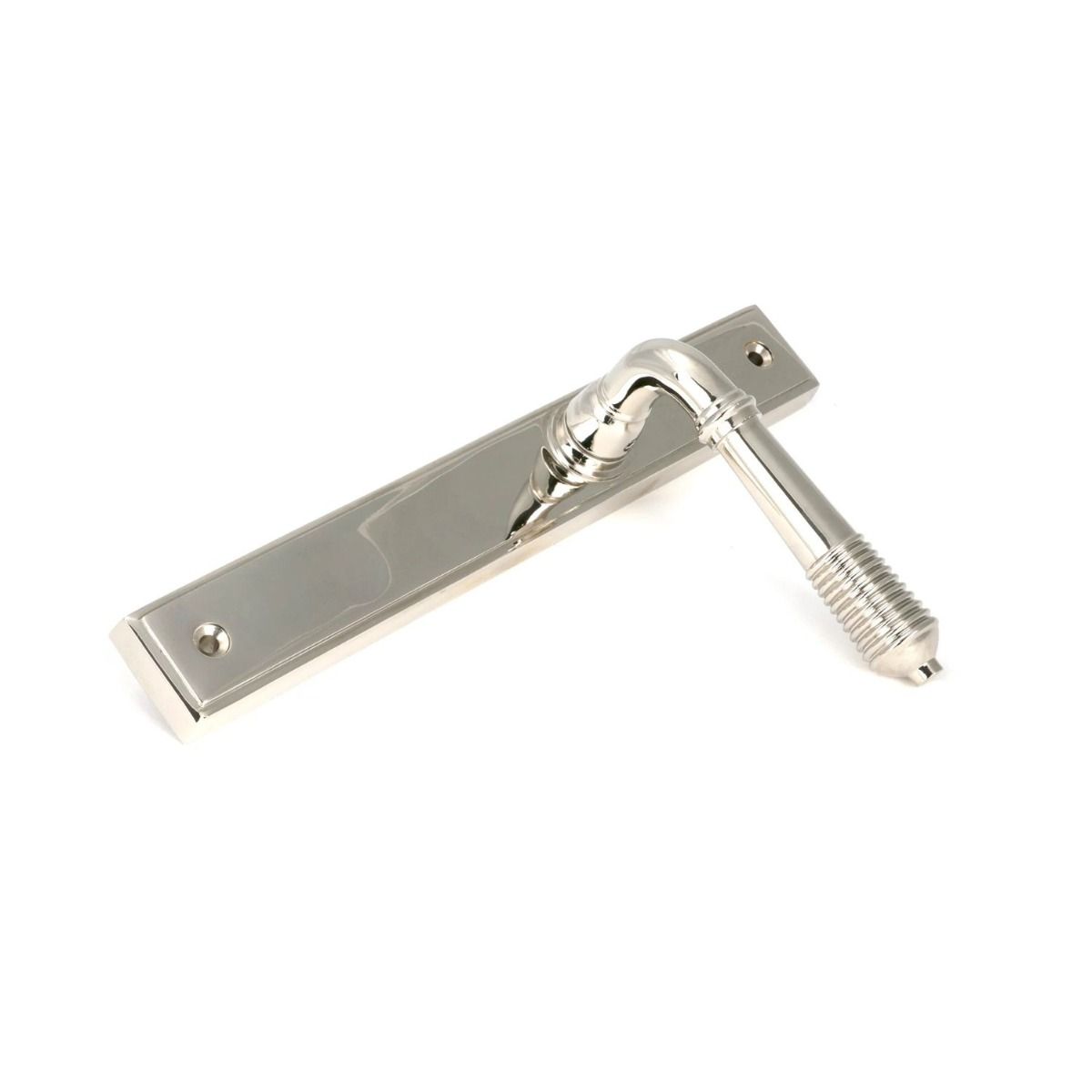 The Reeded Slimline Lever Espagnolette Door Latch in Polished Nickel Shown on its Side 