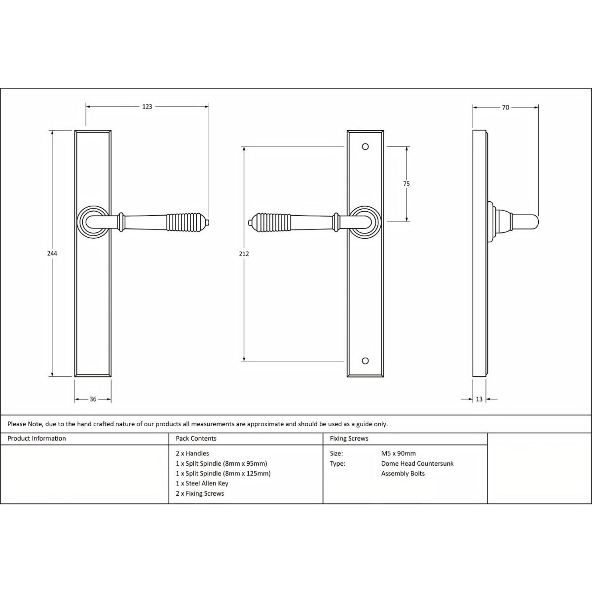 The Reeded Slimline Lever Espagnolette Door Latch in Polished Nickel Technical Drawings and Dimensions 