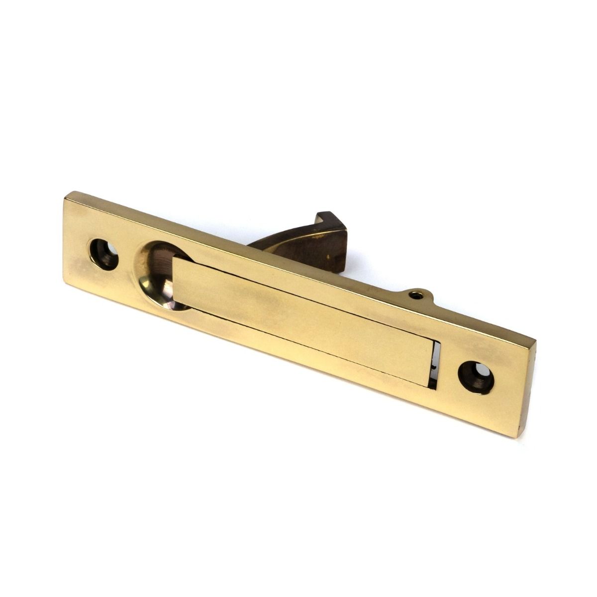 The Retractable Sliding Pocket Door Edge Pull in Aged Brass Shown Lying on its Side