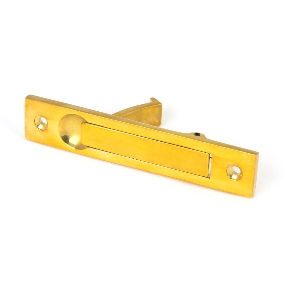 The Retractable Sliding Pocket Door Edge Pull in Polished Brass Shown Laying on its Side on a White Background