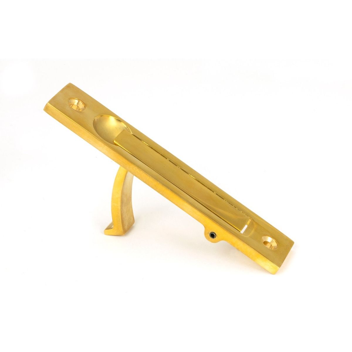 The Retractable Sliding Pocket Door Edge Pull in Polished Brass Shown Stood upright