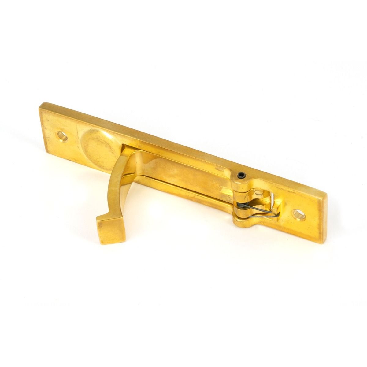 The Retractable Sliding Pocket Door Edge Pull in Polished Brass Shown with Handle Pulled Outwards