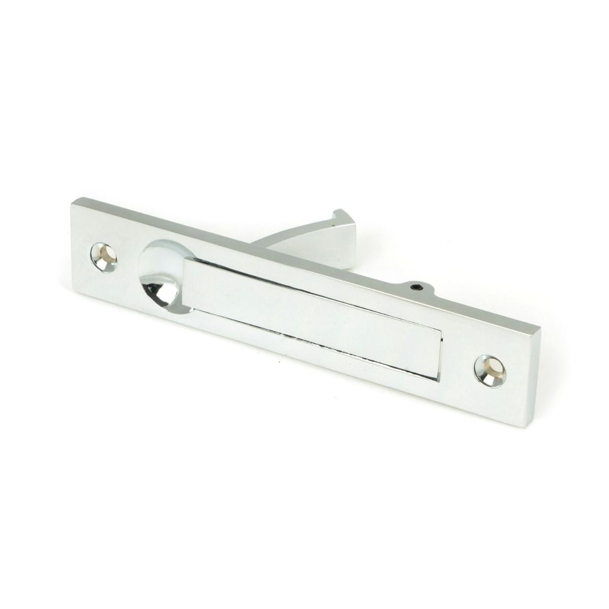 The Retractable Sliding Pocket Door Edge Pull in Polished Chrome Shown Laying on its Side on a White Background